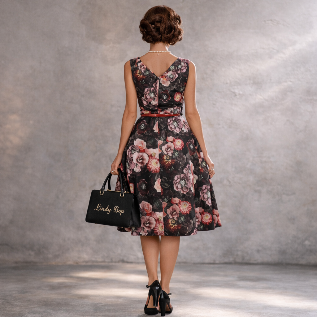 Lindy Bop Black Pink Floral Rockabilly Dress 1950's UK 8