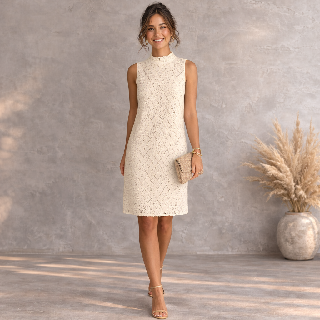 Monki Cream Cut Out Lace High Neck Dress UK 12
