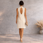 Monki Cream Cut Out Lace High Neck Dress UK 12