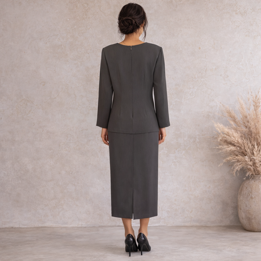 J. W. Treci Vintage Grey Long Sleeve Overlay Dress UK 10