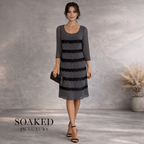 Soaked in Luxury Grey Chiffon Black Lace Tiered Dress UK 12