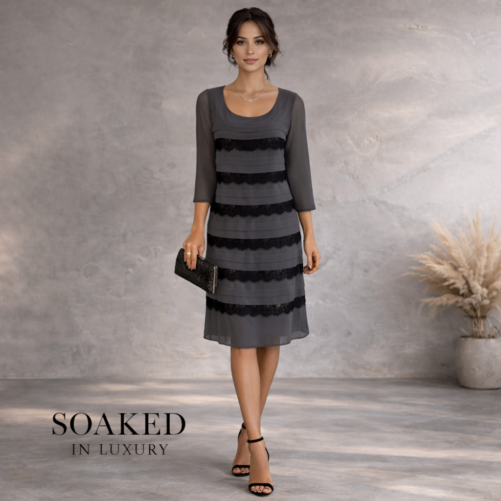 Soaked in Luxury Grey Chiffon Black Lace Tiered Dress UK 12