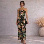 Boohoo Black Tropical Floral Bandeau Maxi Dress UK 12