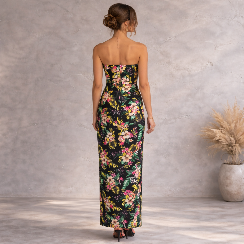 Boohoo Black Tropical Floral Bandeau Maxi Dress UK 12
