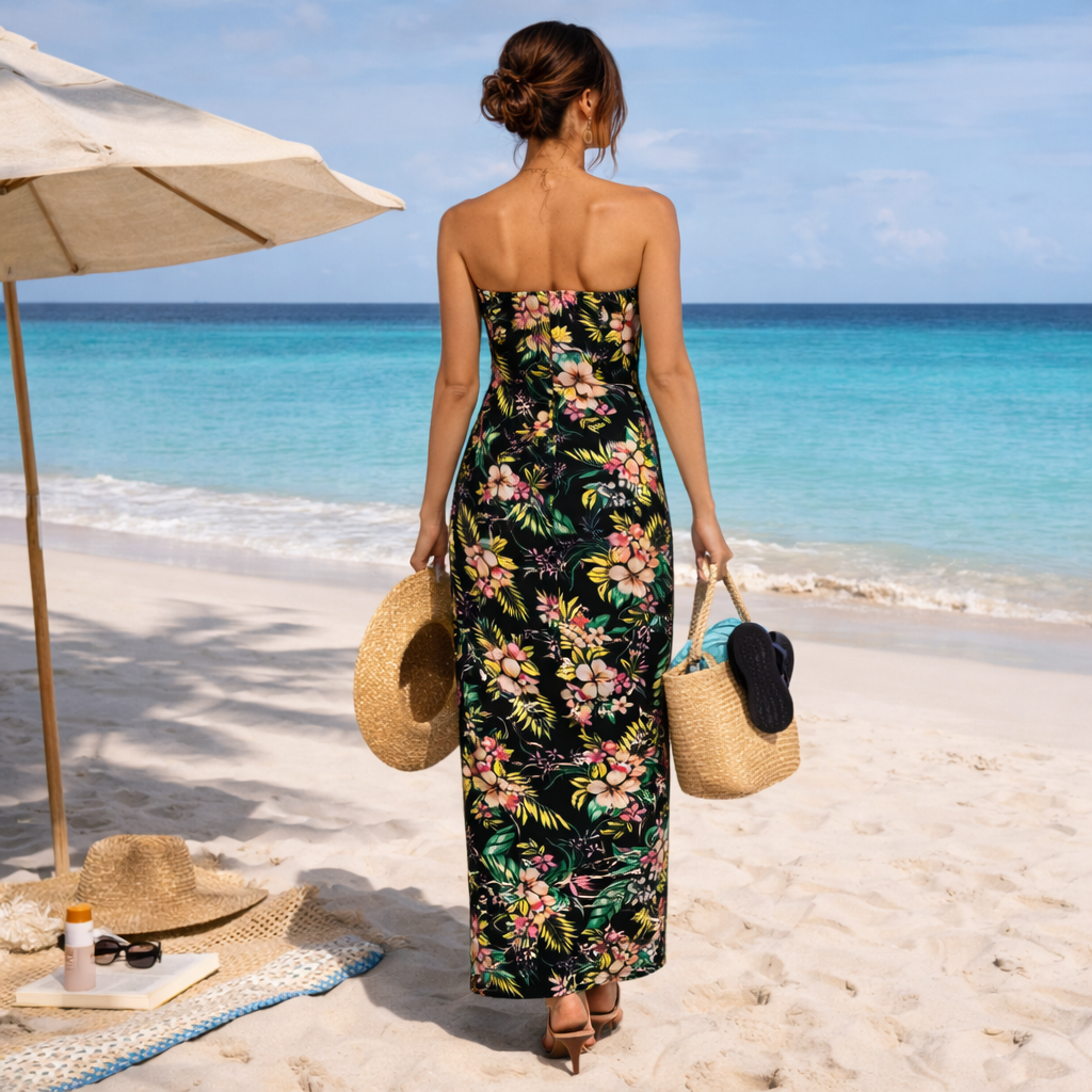 Boohoo Black Tropical Floral Bandeau Maxi Dress UK 12