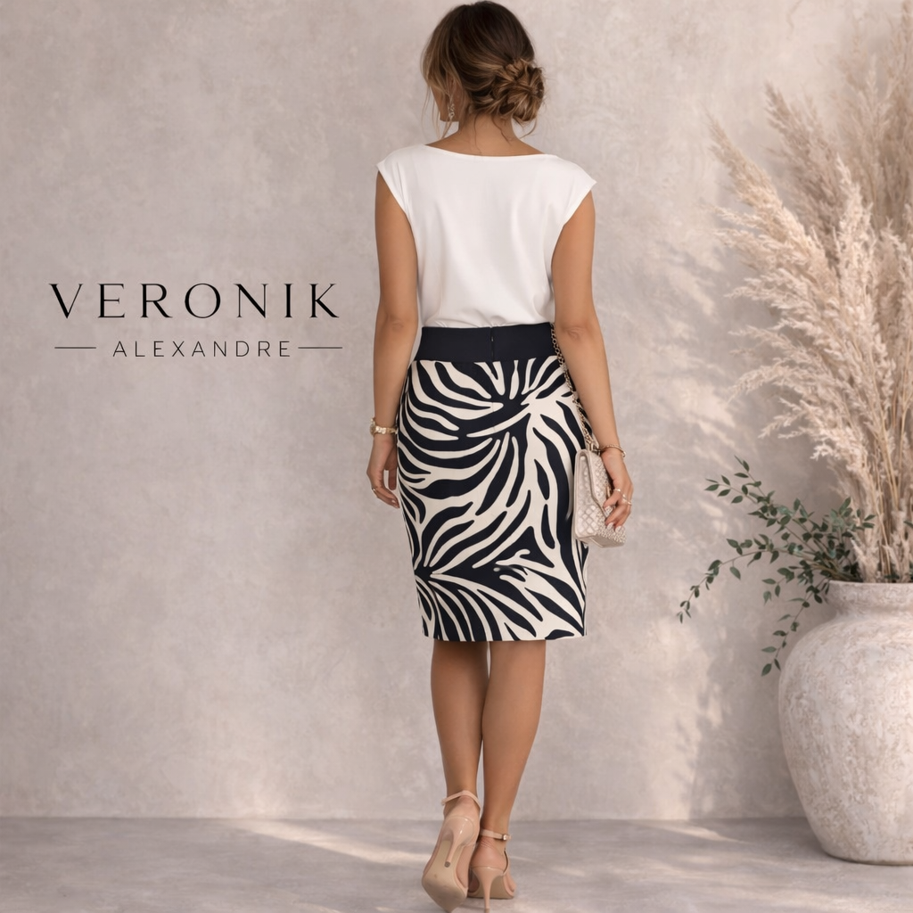 Veronik Alexandre Navy & Cream Silk & Wool Pencil Skirt UK 12
