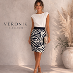 Veronik Alexandre Navy & Cream Silk & Wool Pencil Skirt UK 12