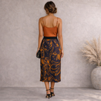 M&S Navy & Burnt Orange Silky Floral Midi Skirt UK 6