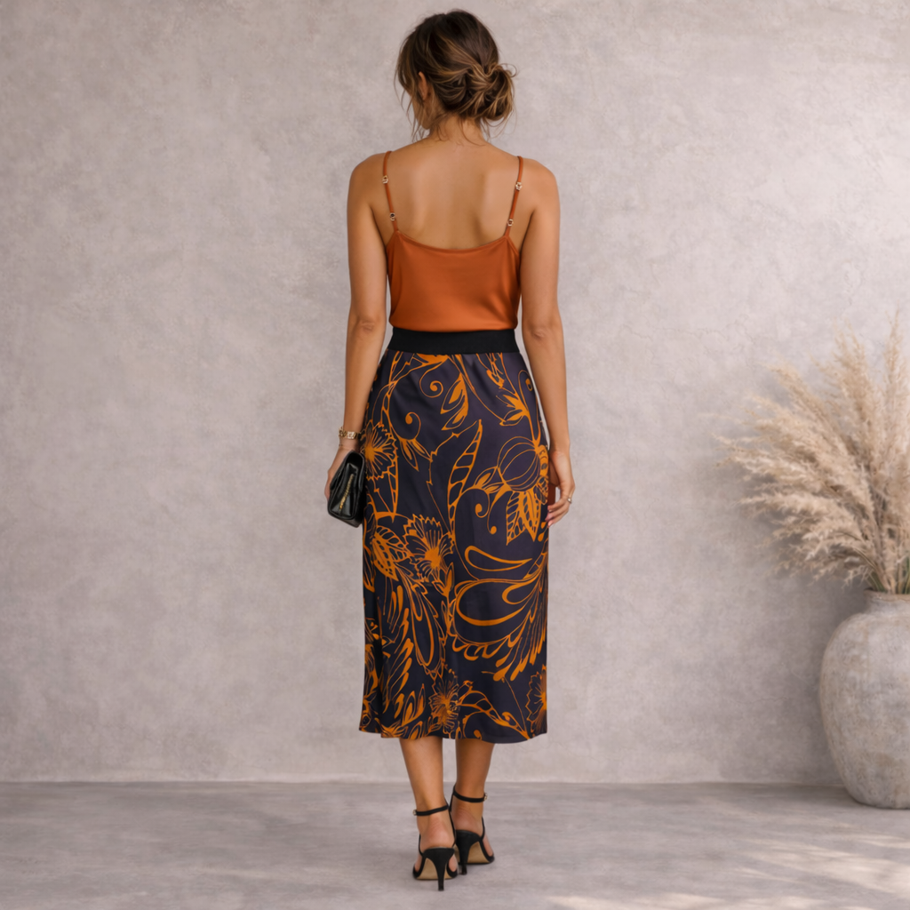 M&S Navy & Burnt Orange Silky Floral Midi Skirt UK 6