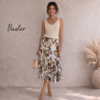Basler Ivory & Brown Mix Crinkle Floral Midi Skirt UK 14