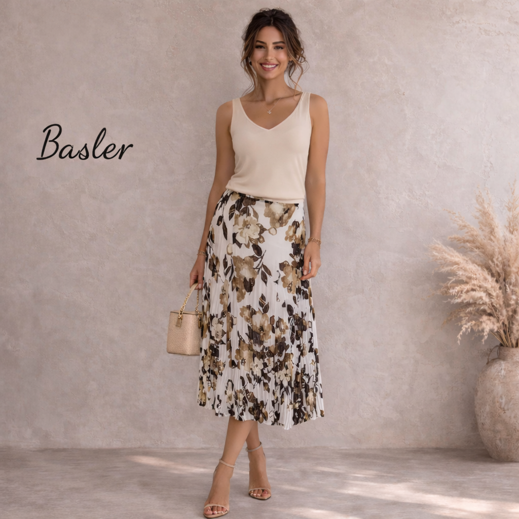 Basler Ivory & Brown Mix Crinkle Floral Midi Skirt UK 14