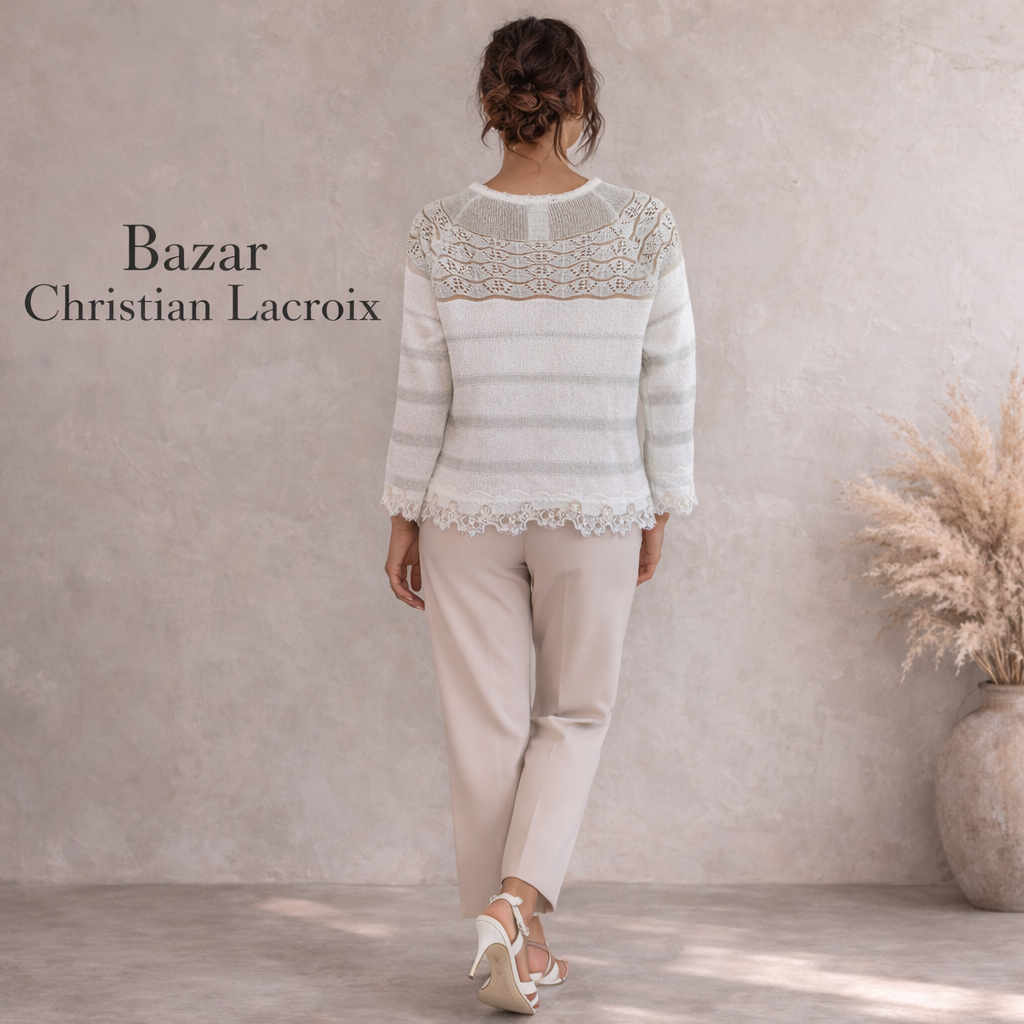 Bazar Christian Lacroix Vintage White Silver Knit Crochet Cardigan UK 8/10