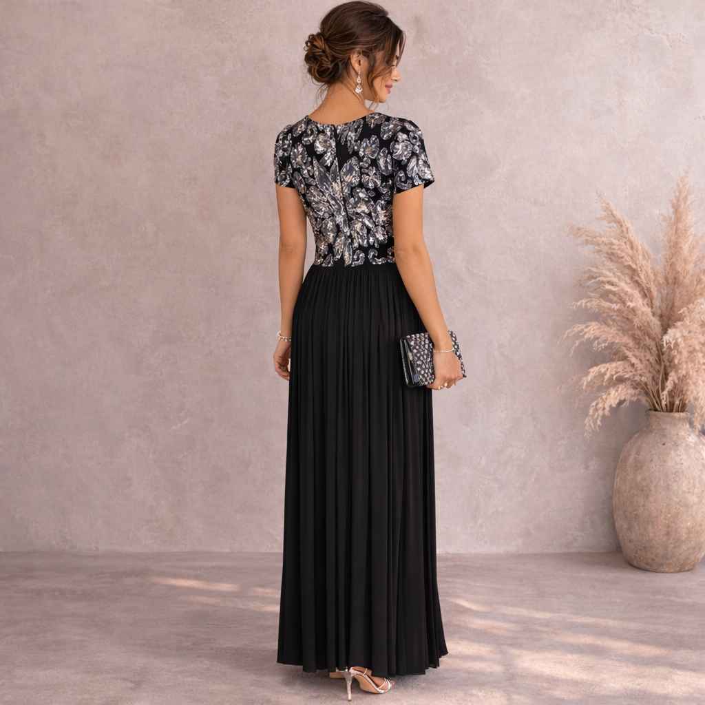 Betsy & Adam Black Navy Sequin Cap Sleeve Maxi Dress UK 8