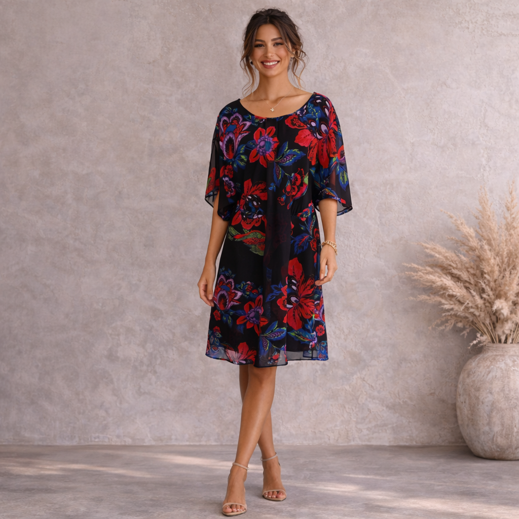 BIBA Multi Colour Floral Chiffon Batwing Dress UK 14