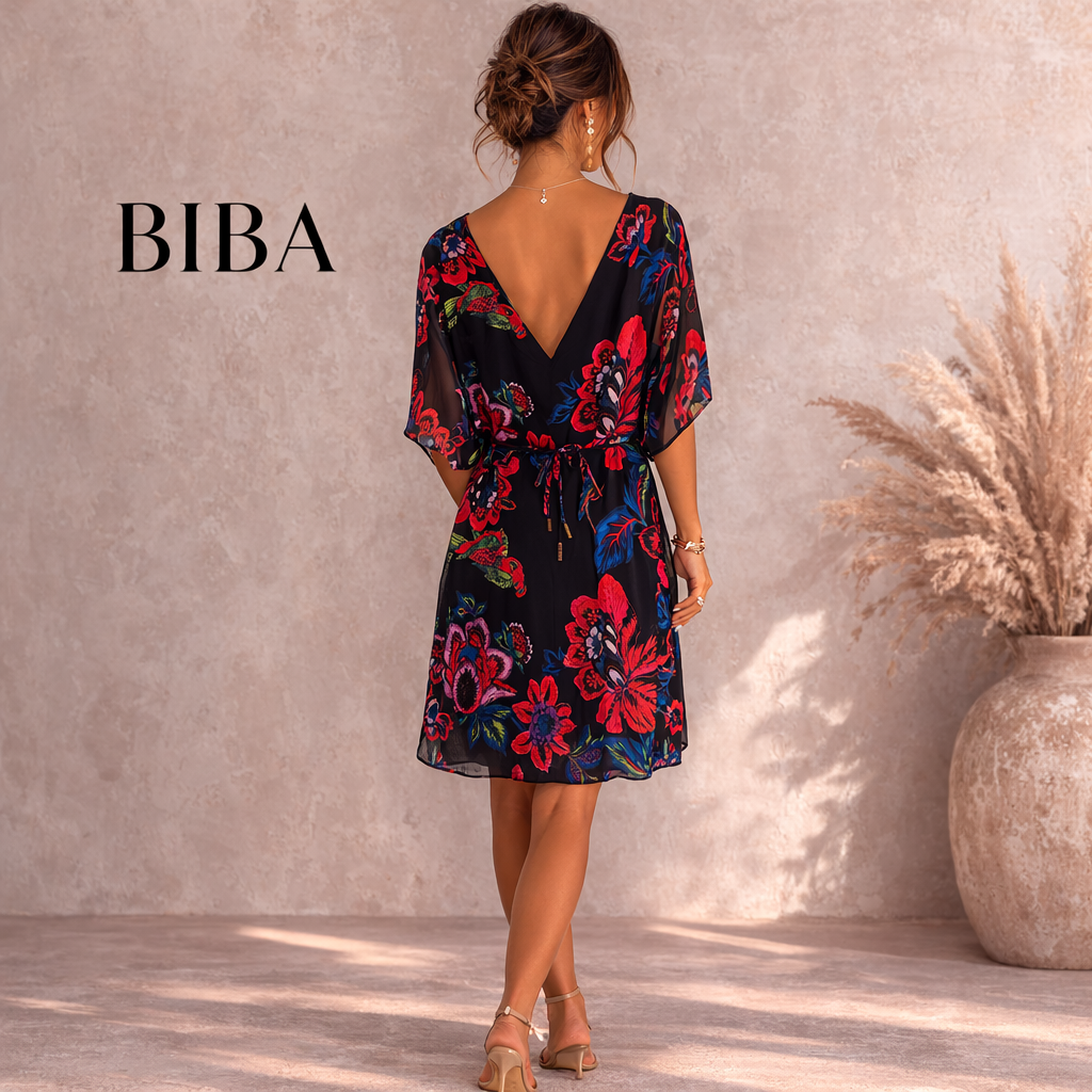 BIBA Multi Colour Floral Chiffon Batwing Dress UK 14