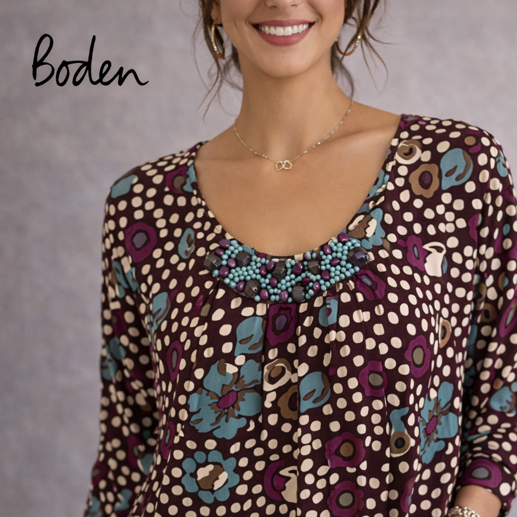 Boden Multicoloured Cotton Beaded Floral Top UK 12