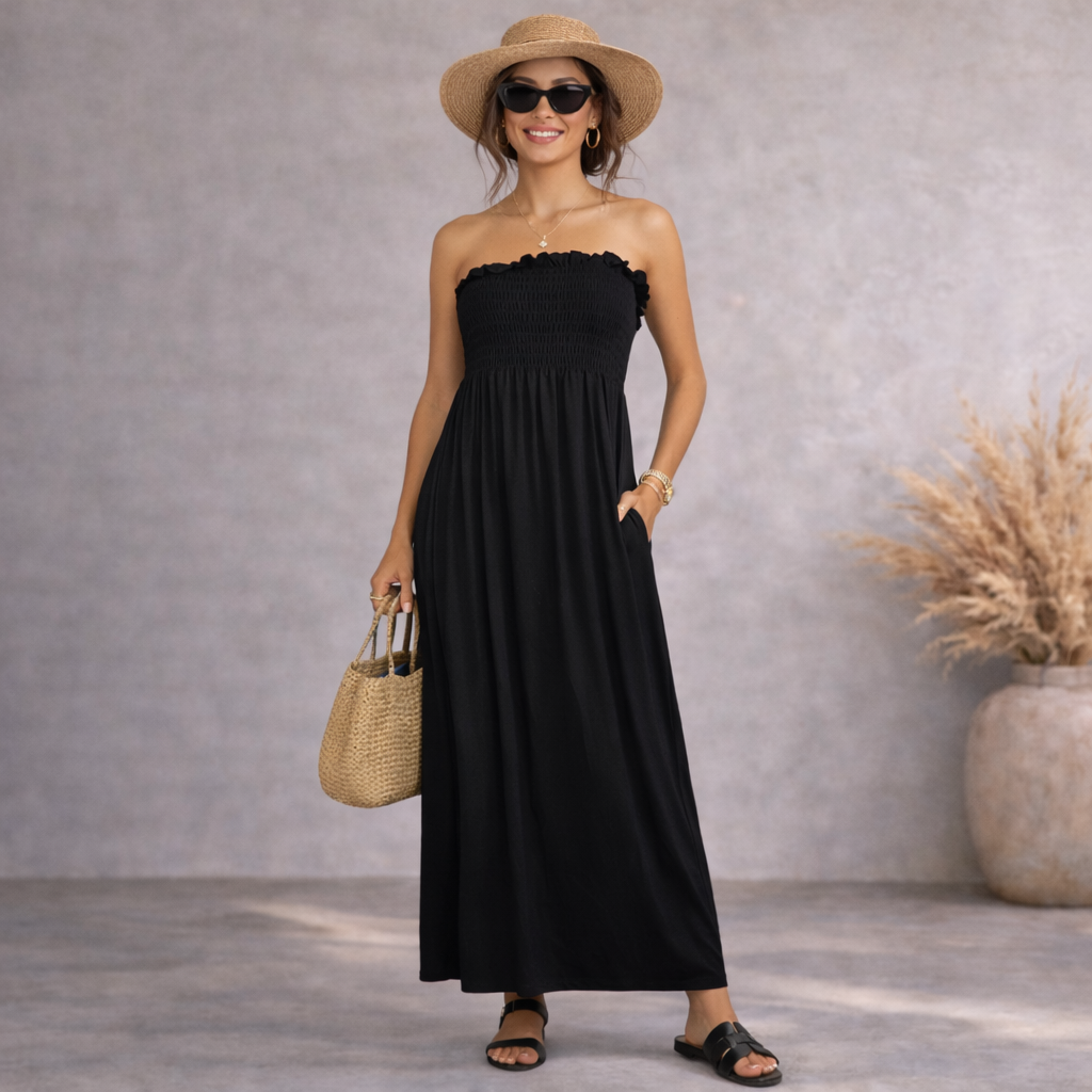 Boohoo Black Bandeau Shirred Smock Maxi Dress UK 12
