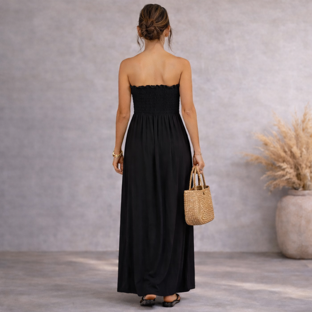 Boohoo Black Bandeau Shirred Smock Maxi Dress UK 12