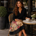 Hobbs Pleated Beige, Black Floral Wool Skirt UK 10
