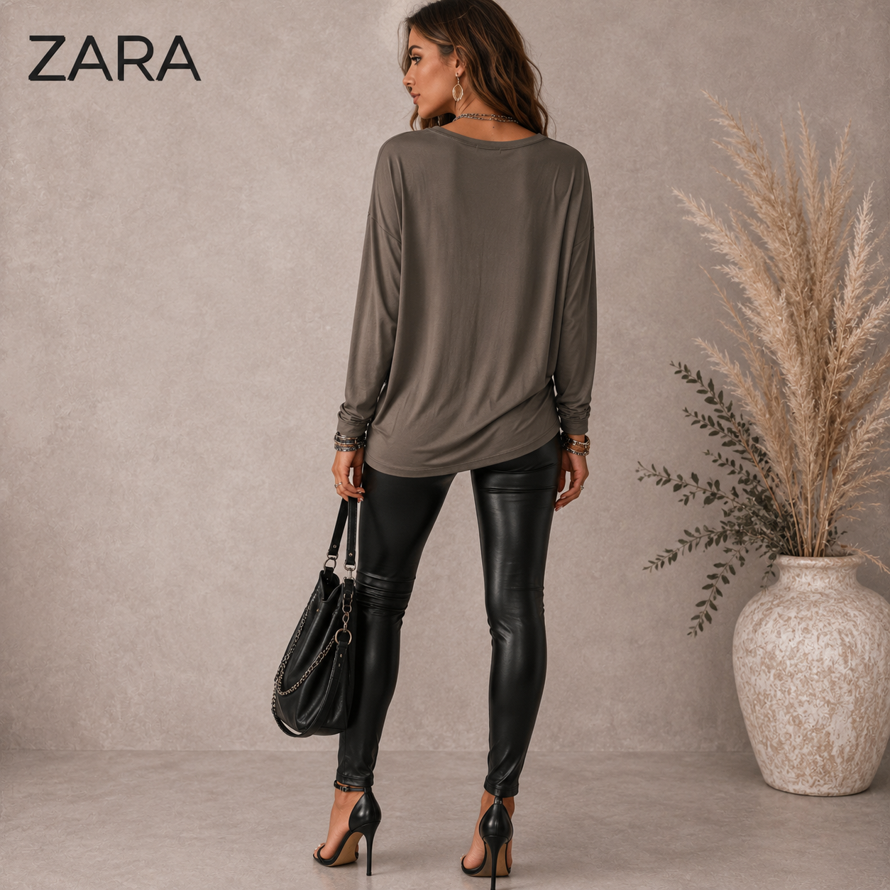 Zara Khaki Brown Grey Black Sequin Top UK 12