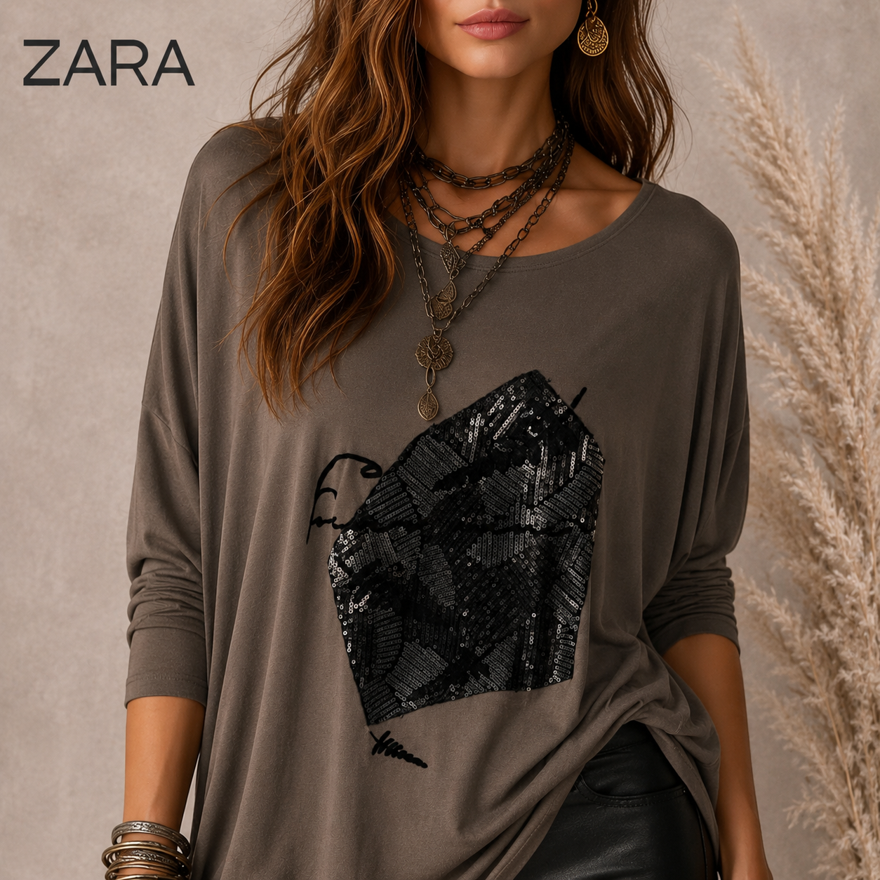 Zara Khaki Brown Grey Black Sequin Top UK 12