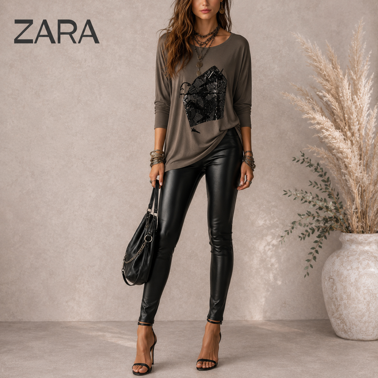 Zara Khaki Brown Grey Black Sequin Top UK 12