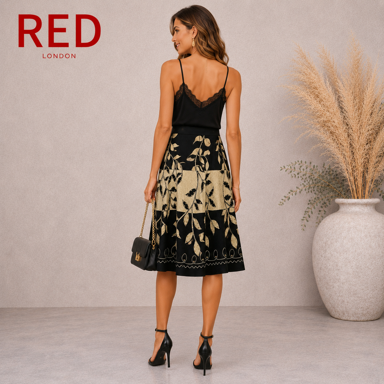 RED Black Beige Leaf Print Sequin Linen Skirt UK 12