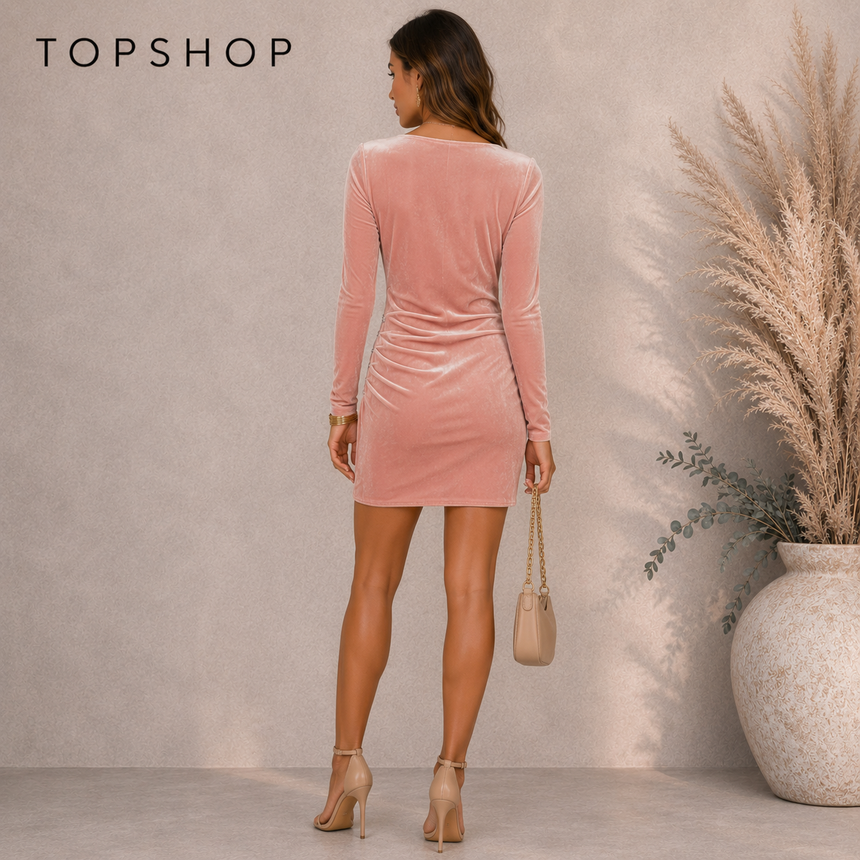 TopShop Dusky Pink Velvet Ruched Mini Dress  UK 10