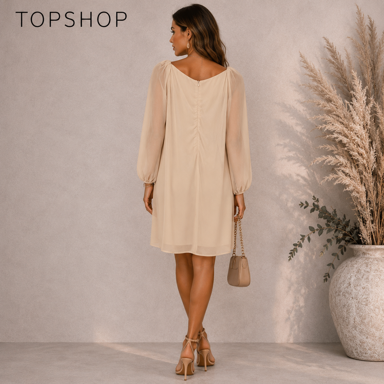 Topshop Blush Chiffon Long Sleeve Shift Dress UK 10