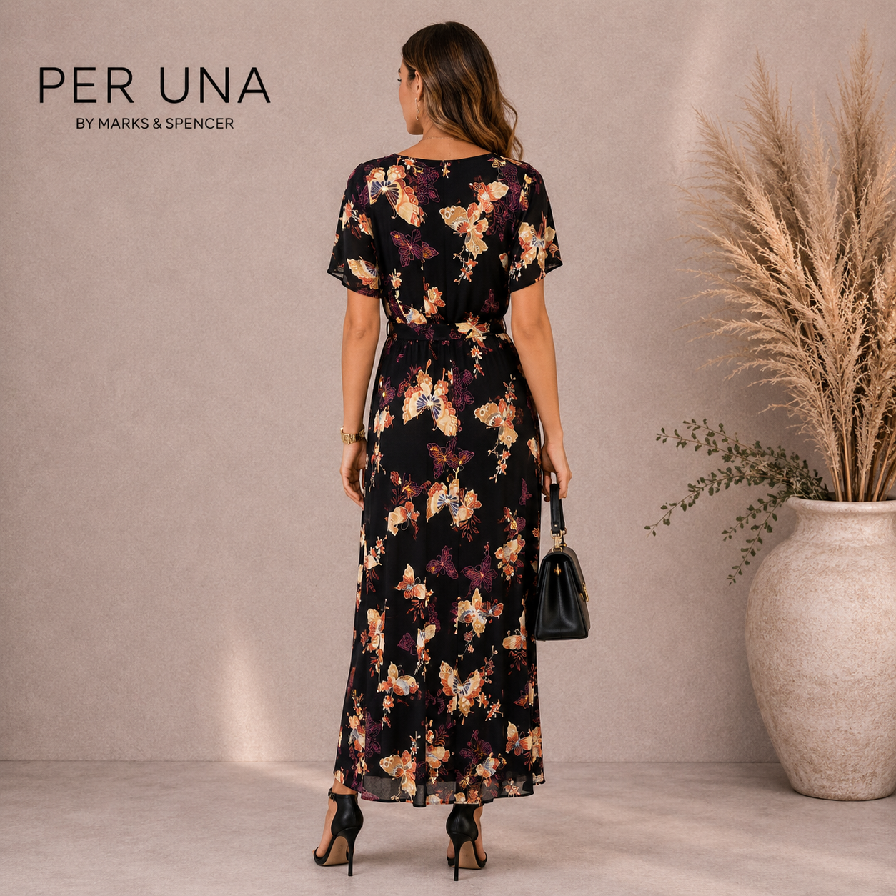 Per Una Black Butterfly Short Sleeve Maxi Dress UK 8 Long