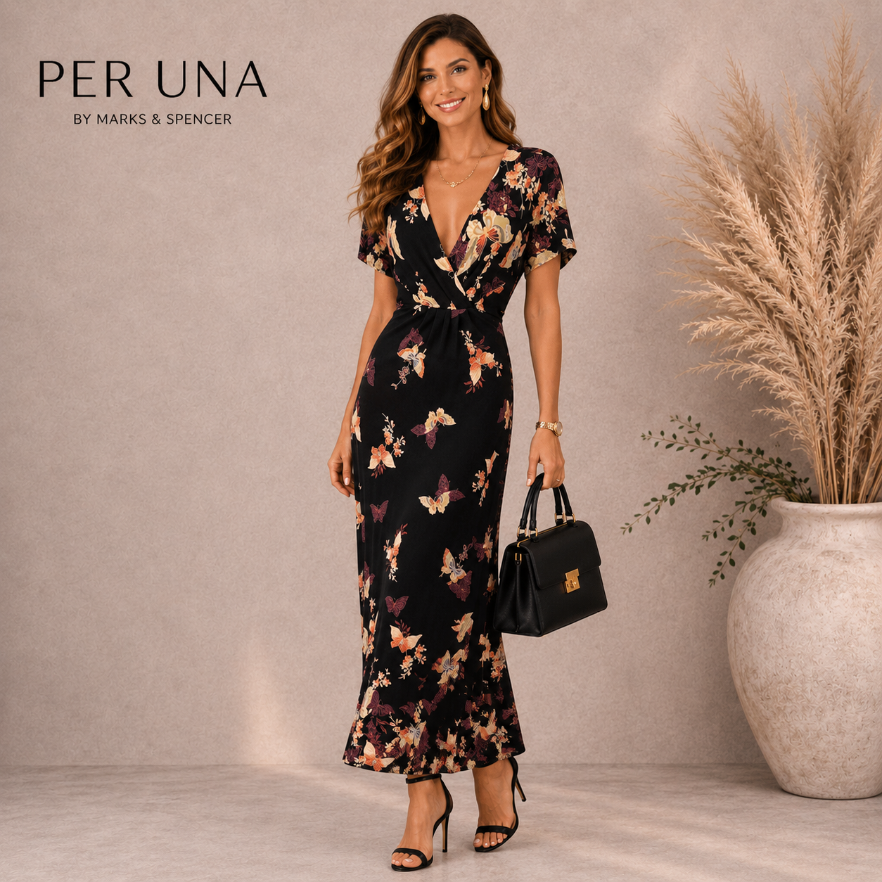 Per Una Black Butterfly Short Sleeve Maxi Dress UK 8 Long