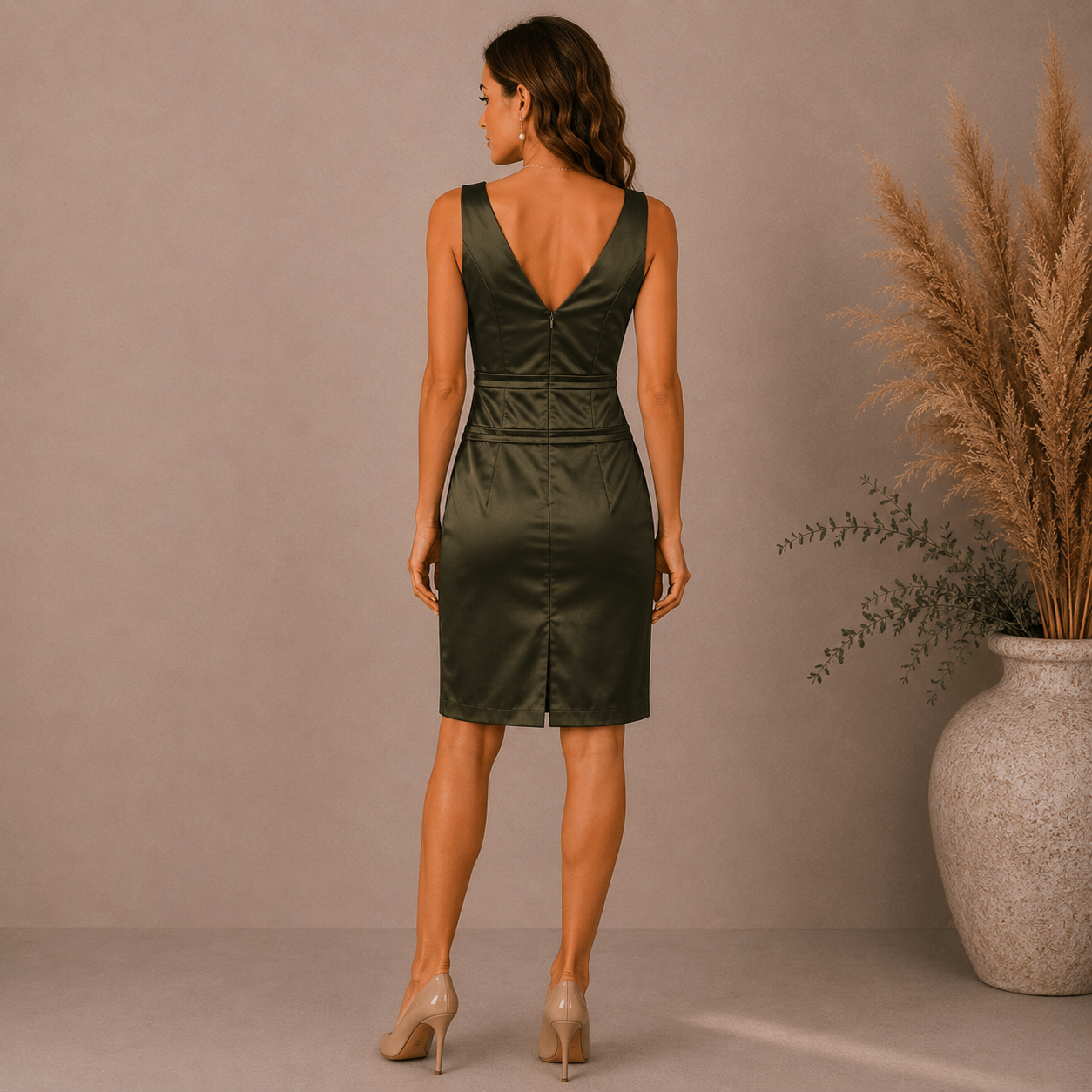Fabrizio Lenzi Dark Green Stretch Satin Dress UK 8