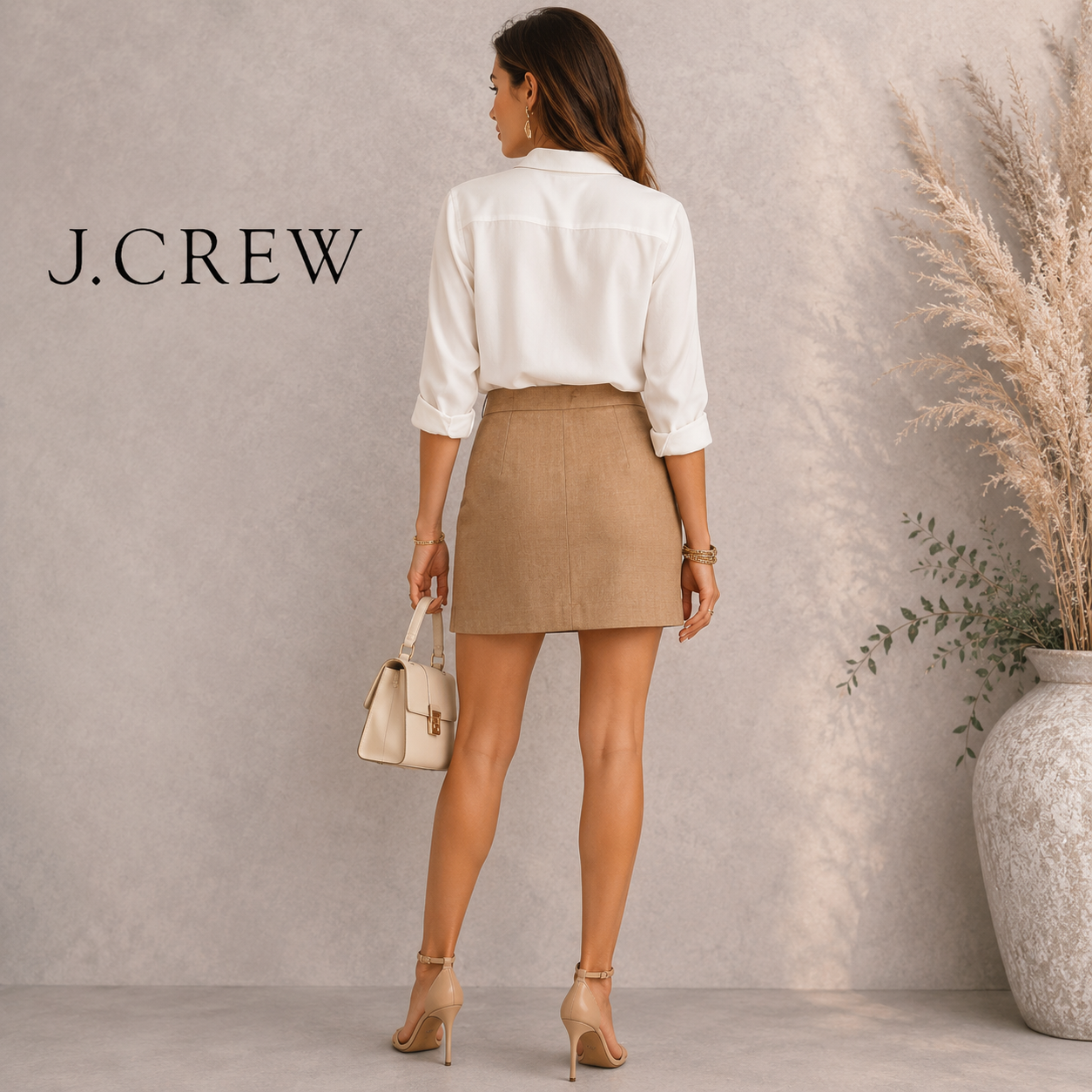 J.Crew Camel Flannel Tie Wrap Wool Skirt UK 8