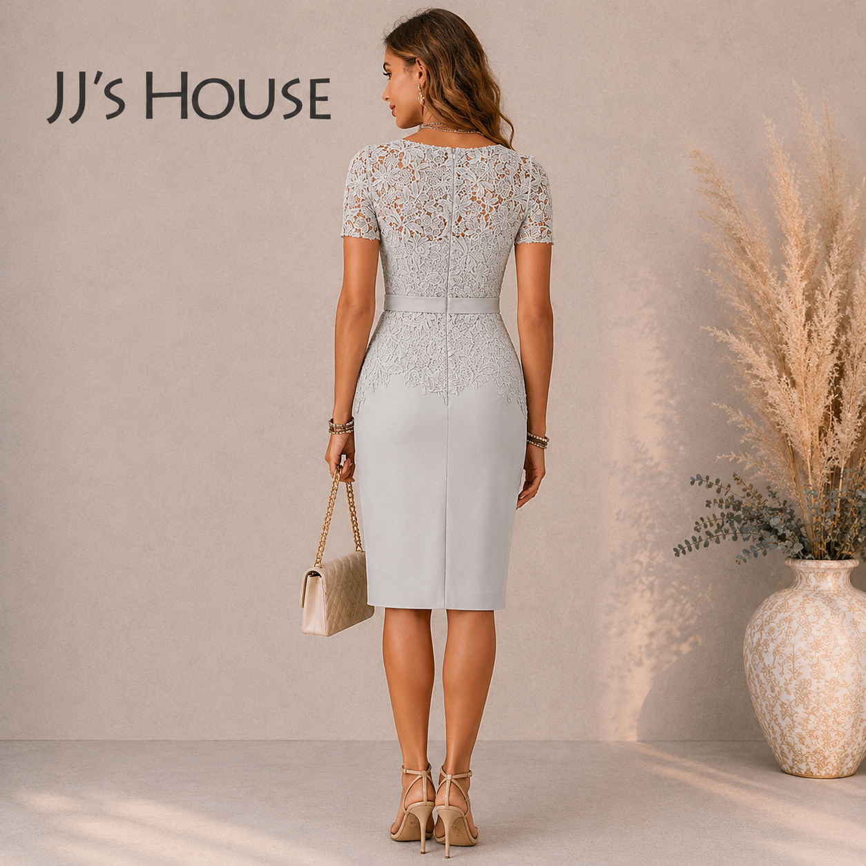 JJ'S House Silver Lace Sleeveless Short Sleeve Occasion Dress UK 10