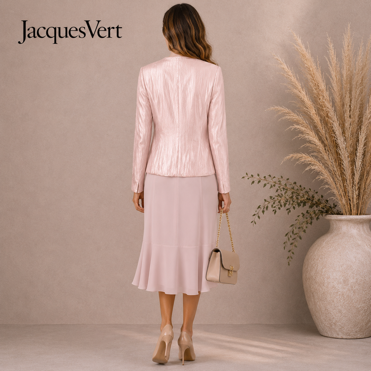 Jacques Vert Light Pink Butterfly Dress Suit UK 10/12