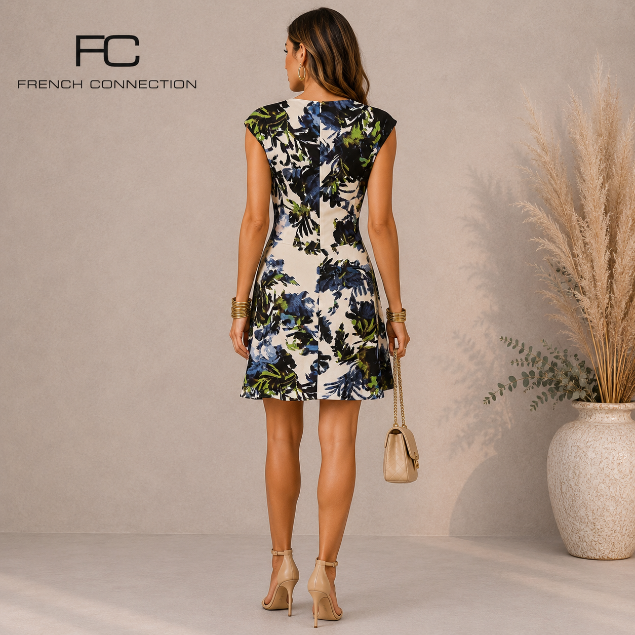 French Connection Blue & White Skater Dress UK 14