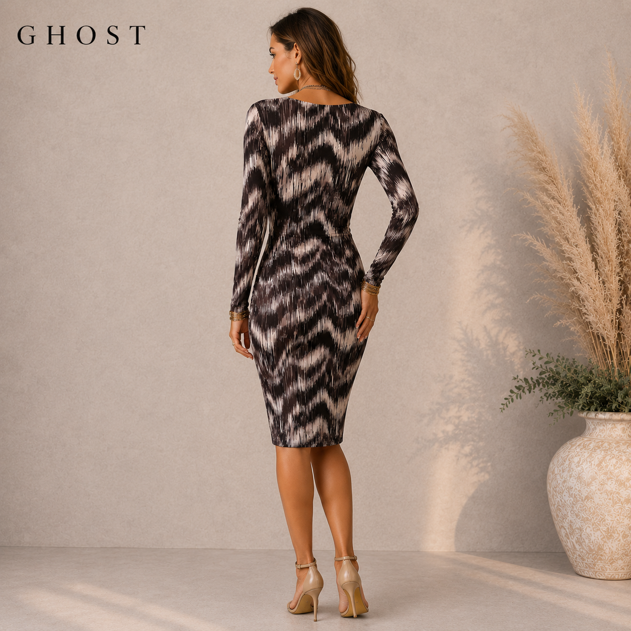Ghost London Brown & Ivory Silky Cowl Neck Dress UK 12