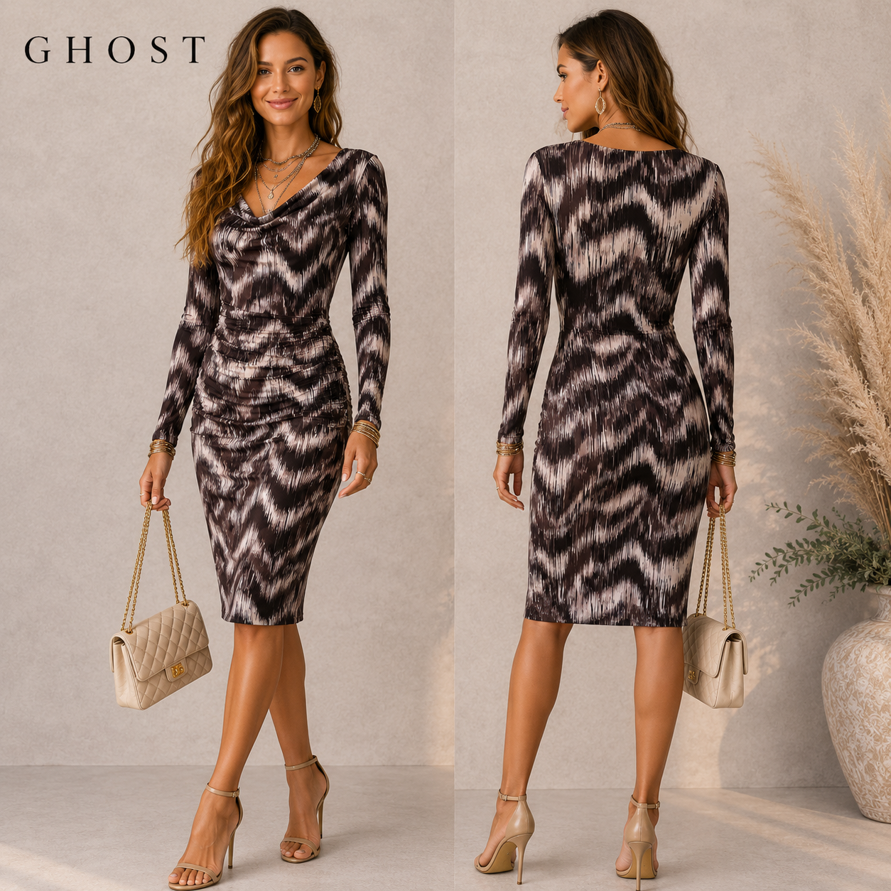 Ghost London Brown & Ivory Silky Cowl Neck Dress UK 12