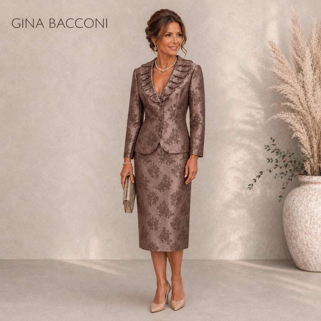 Gina Bacconi Dusky Mauve Jacquard Skirt Suit UK 14