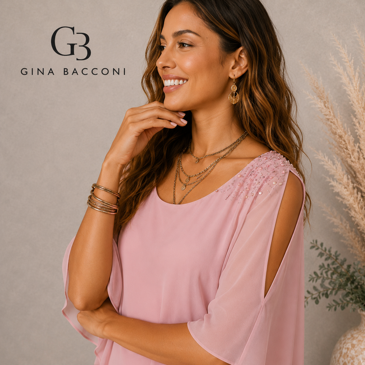 Gina Bacconi Zenna Pink Beaded Shoulder Chiffon Dress UK 14