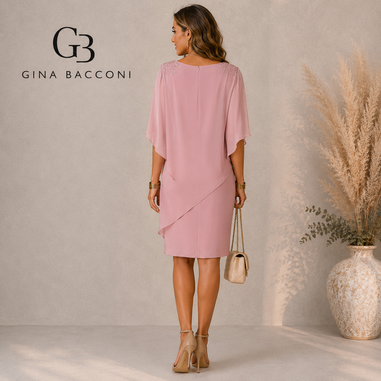 Gina Bacconi Zenna Pink Beaded Shoulder Chiffon Dress UK 14