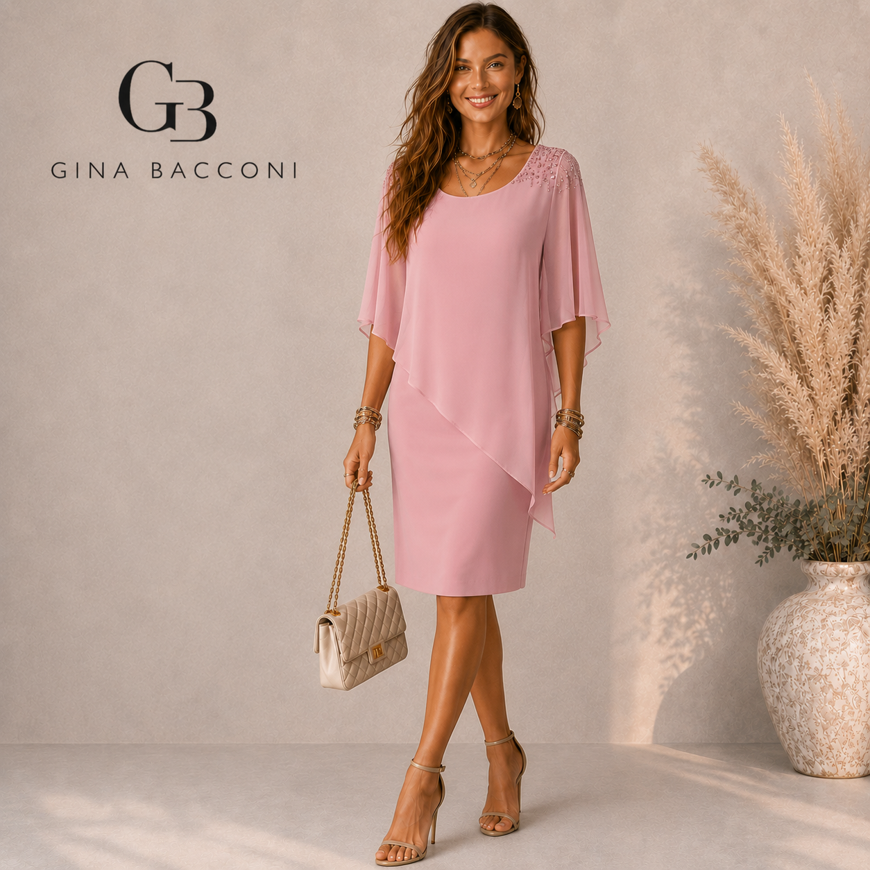 Gina Bacconi Zenna Pink Beaded Shoulder Chiffon Dress UK 14