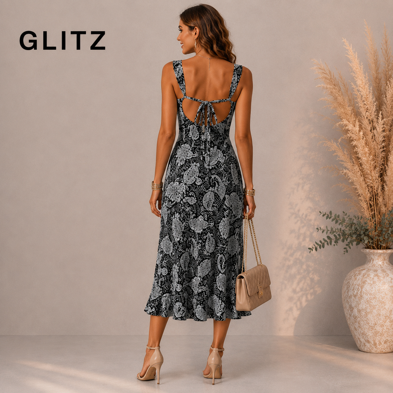 Glitz Black Grey Paisley Sleeveless Strappy Dress UK 10
