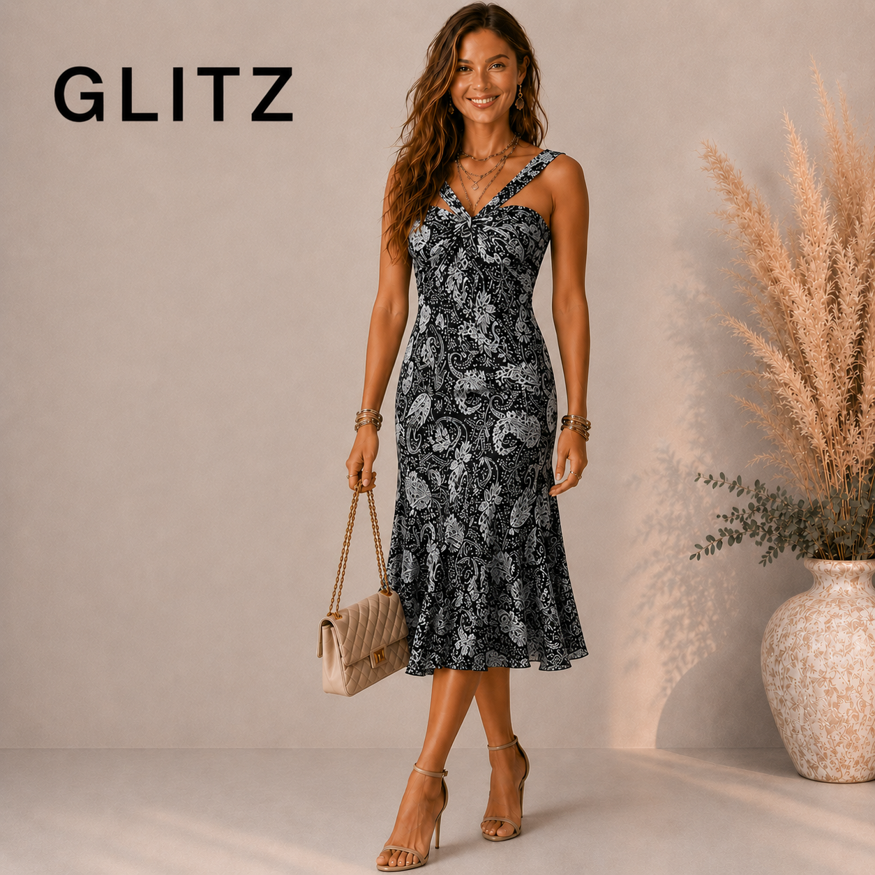 Glitz Black Grey Paisley Sleeveless Strappy Dress UK 10