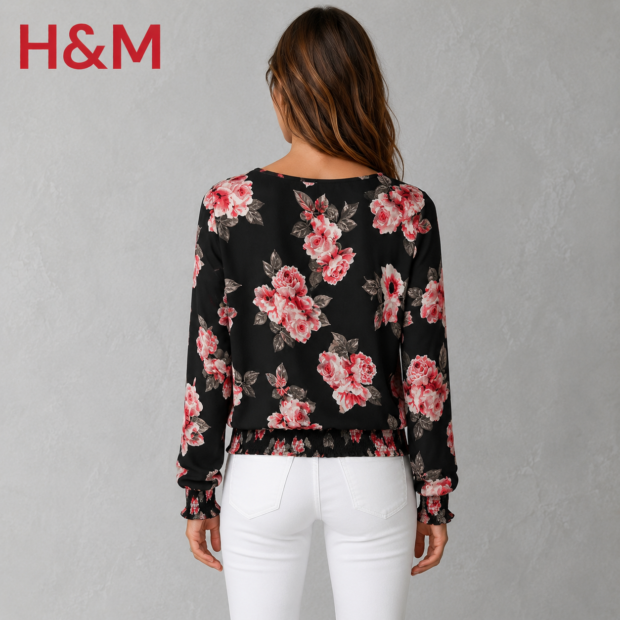 H&M Black Pink Chiffon Floral Long Top UK 8