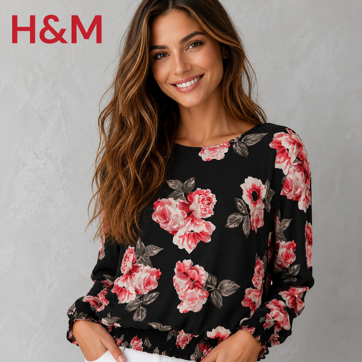 H&M Black Pink Chiffon Floral Long Top UK 8