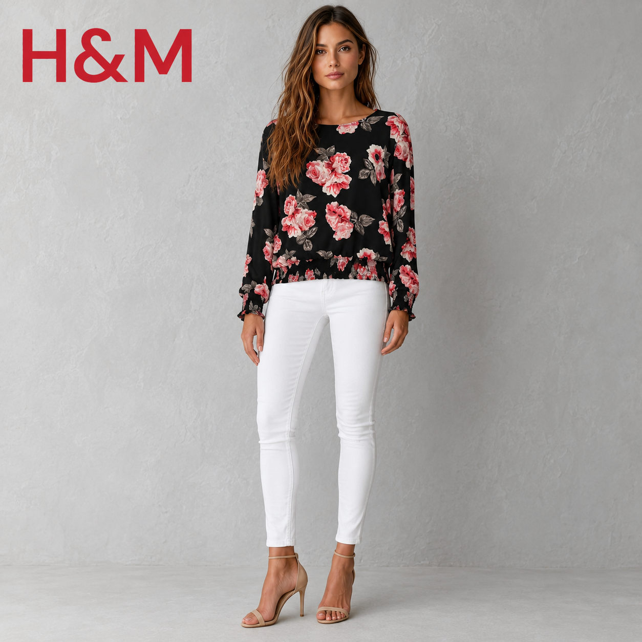 H&M Black Pink Chiffon Floral Long Top UK 8