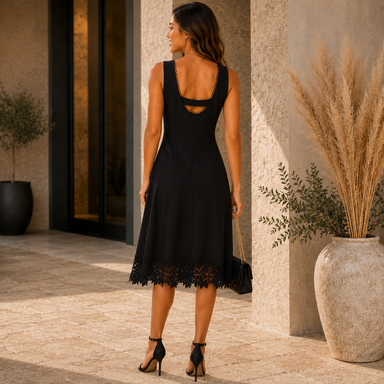 Kirei Black Cut Out Back Lace Hem Dress UK 12/14