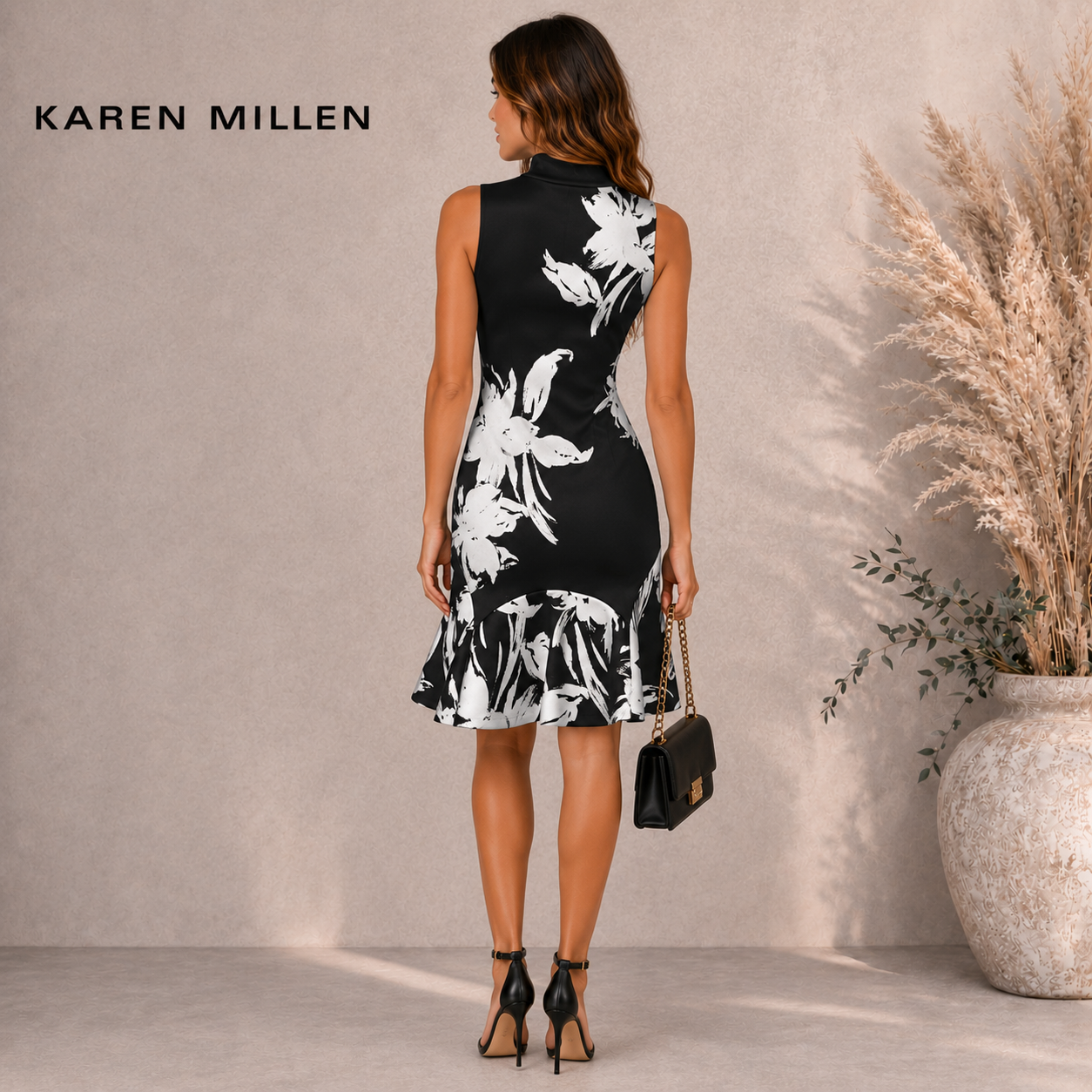Karen Millen Black & Silver Floral Scuba Dress UK 10