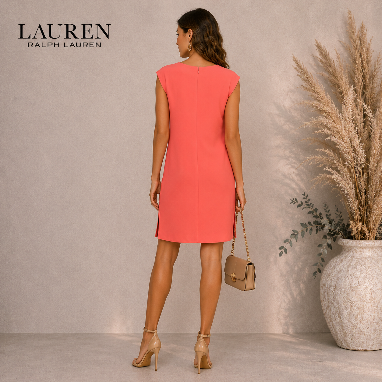 Lauren Ralph Lauren Coral Orange Overlay Dress UK 12